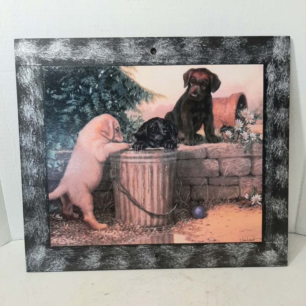 Puppy Wall Art."Water Bucket" Classic Jim Lamb Print on Double Plak Board.